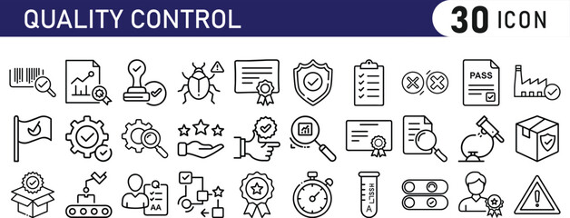 Quality control icon set. Containing inspection, evaluation, product, quality assurance, process, testing and more. 