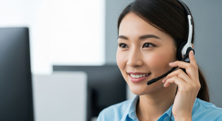 Professional confident asian woman customer support representative wearing headset smiling during call center conversation, providing excellent client service in modern office