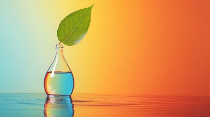 Fresh leaf in a water bottle conveys sustainability and natural resource preservation on a colorful gradient background.