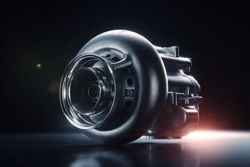 High-resolution shot of new turbocharger placed on black reflective surface with dramatic lighting 