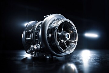 High-resolution shot of new turbocharger placed on black reflective surface with dramatic lighting