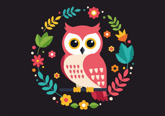 Naklejka premium Cute owl sitting in a floral wreath on a dark background