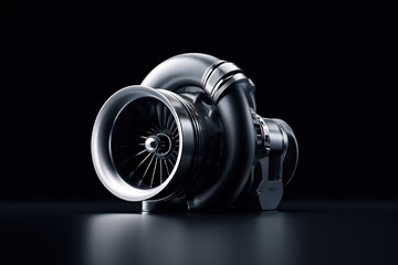 High-resolution shot of new turbocharger placed on black reflective surface with dramatic lighting 