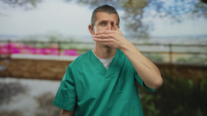 Man doctor in uniform covering eyes outdoors with green uniform and background, expressing tension in a serene park setting, highlighting medical and emotional themes.