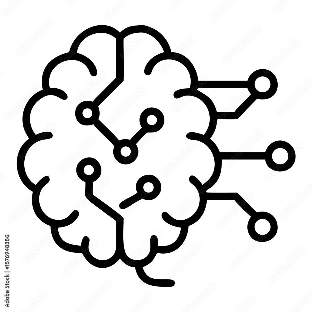 Poster outline drawing of a brain with interconnected nodes and circuits representing artificial intelligen