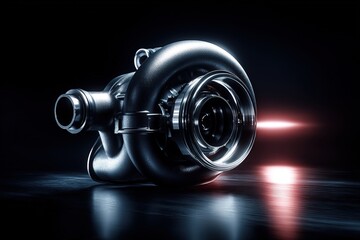 High-resolution shot of new turbocharger placed on black reflective surface with dramatic lighting 