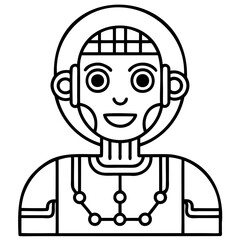 Illustration of a stylized humanoid robot with a grid pattern head covering and necklace