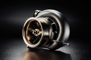 High-resolution shot of new turbocharger placed on black reflective surface with dramatic lighting 