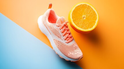 Vibrant running shoe alongside fresh orange fruit against a modern split blue and orange background creates a dynamic scene.