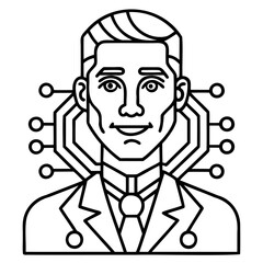 Line drawing of a man in a suit with a tech circuit design around his head and shoulders