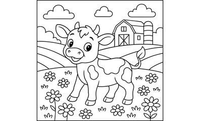 Fototapeta premium Cute farm scene with happy cow and barn in outline style for kids coloring