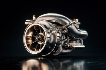 High-resolution shot of new turbocharger placed on black reflective surface with dramatic lighting 