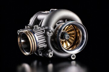 High-resolution shot of new turbocharger placed on black reflective surface with dramatic lighting 