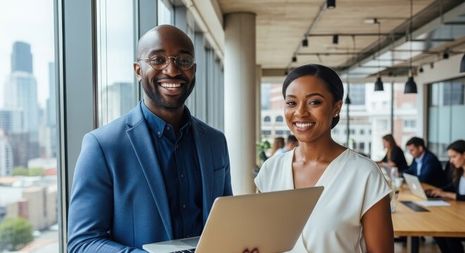 Diverse business team smiling in modern office: leadership, collaboration, success, and professionalism for corporate growth and innovation with laptop and city view