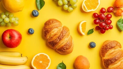 Fresh fruits and flaky croissants create a bright, colorful breakfast still life on vibrant yellow background.