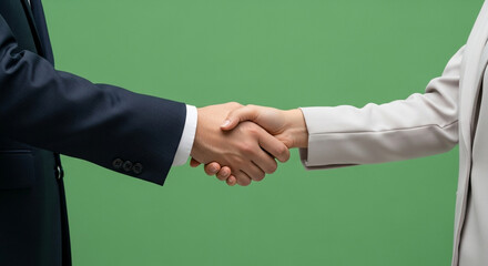 Professional Handshake Between Man and Woman on Green Background