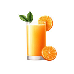 Refreshing orange juice with fresh slices and leaves