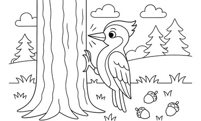 Black and white woodland scene with woodpecker and forest elements