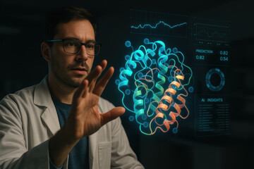 Scientist Studying Holographic Molecular Structure In Dark Lab