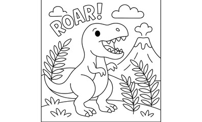 Fun dinosaur coloring page with roaring t-rex and volcano scene for kids