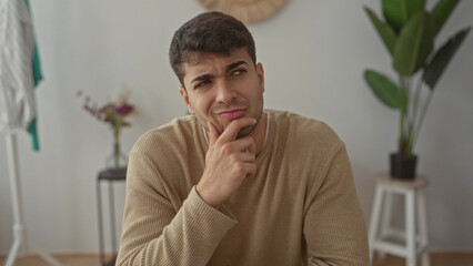 Man often rests chin on hand gently touching his face at home as a hispanic male young subject...