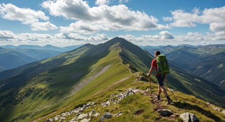 Hiking on Mountain Ridge with Backpack, Scenic View