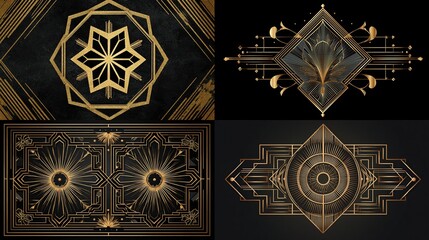 Four ornate golden art deco designs on black backgrounds, featuring geometric patterns and symmetry