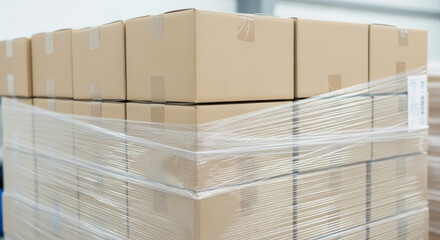 stack of sealed cardboard boxes securely wrapped in plastic film on warehouse pallet prepared for shipping, efficient logistics and safe transportation management