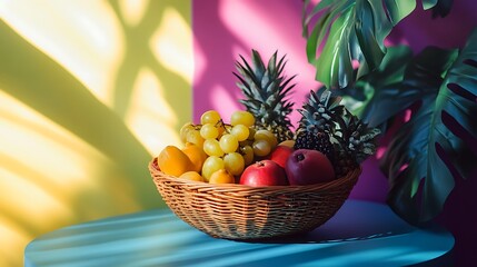 Wicker basket filled with vibrant fruits like grapes, pineapples, and apples against a colorful backdrop, creating a fresh, natural scene.