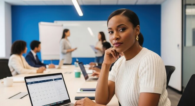 Professional business meeting: african american woman leading corporate strategy session with diverse team collaboration and technology integration for growth and success