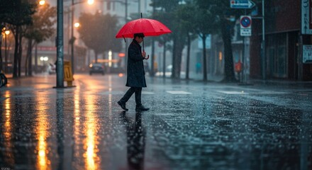 Person Walking with Umbrella in Rainy City Street