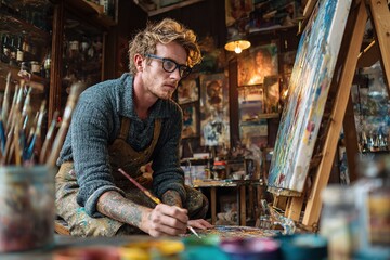 Man painting on canvas in cozy home studio surrounded by brushes and vibrant paints