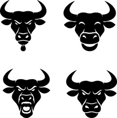 Bull face in different style for logo in black and white silhouette asset with white background 