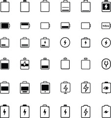 Battery Power & Charging Status Icons &ndash; Monochrome Vector Grid Featuring 36 Diagnostic Symbols for Digital Interfaces.