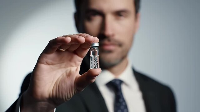 Focused Man Holding Vial of Transparent Liquid Wearing Dark Suit with a Light Background for Medical Research Product Promotion - Powered by Adobe