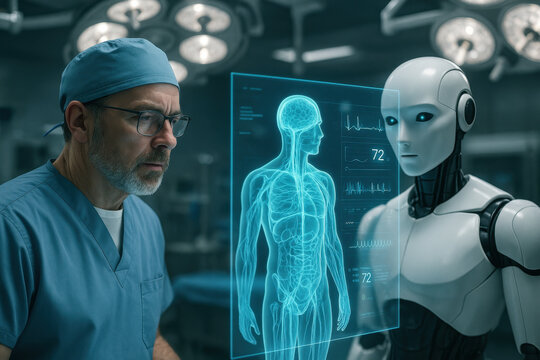 Surgeon And Robot Examining Digital Human Anatomy Hologram In Operating Room