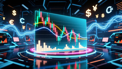 Futuristic Financial Trading Environment with Advanced Data Visualization and Currency Symbols