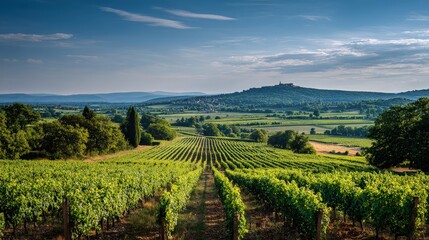 A classic French vineyard landscape with neatly arranged grapevines stretching across the valley, a distant visible on the horizon