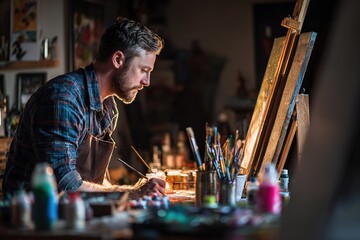 Man painting on canvas in cozy home studio surrounded by brushes and vibrant paints