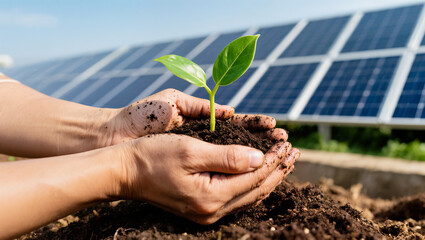 Sustainable Agriculture and Renewable Energy: A Growing Plant in Soil with Solar Panels in the Background