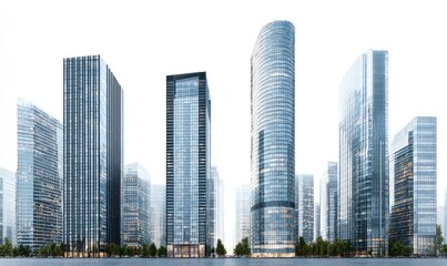 Fototapeta premium A digital rendering of a modern cityscape featuring several sleek, glass-fronted skyscrapers against a stark white background. Low greenery is visible at the base