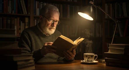 Man Reading Book Under Lamp Light with Tea on Desk