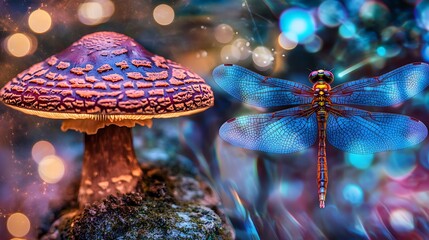 Magical forest scene with a vibrant blue dragonfly near a luminous mushroom, creating an enchanting and otherworldly feel.