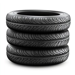 3 black tires stacked on top of each other, isolated on a white background,