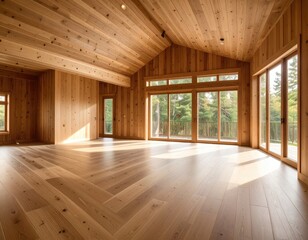Modern wooden home interior. Sunlight streams in