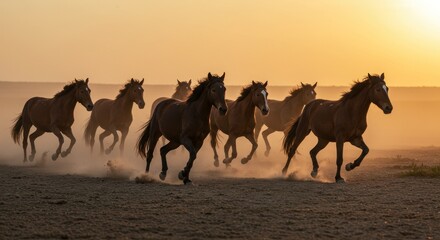 Fototapeta premium Horses Running Across Field at Sunset, Dust Kicking