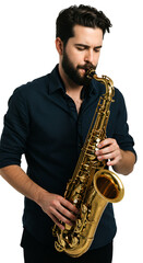 Portrait of Man Playing Golden Saxophone Isolated on Transparent Background