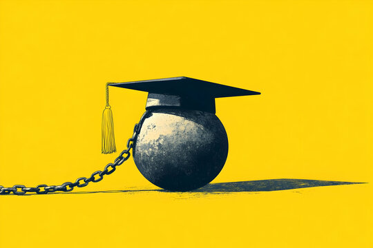 Graduation cap on ball and chain symbolizing student debt and financial burden