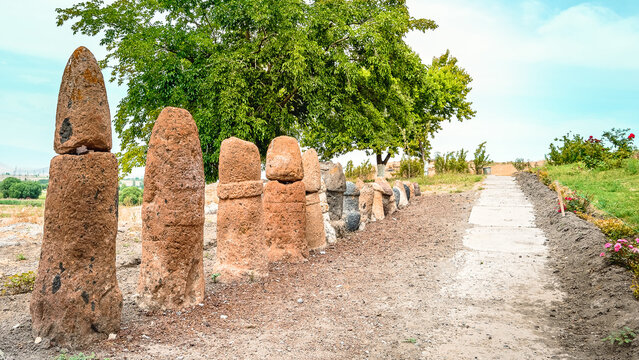 A row of ancient stone phalluses at the Metsamor archaeological site in Armenia, these prehistoric monoliths are powerful symbols of a pagan fertility cult from the Bronze Age