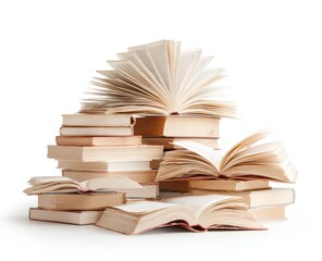 A haphazard stack of numerous open and closed books, some pages fanned out, rests on a white background